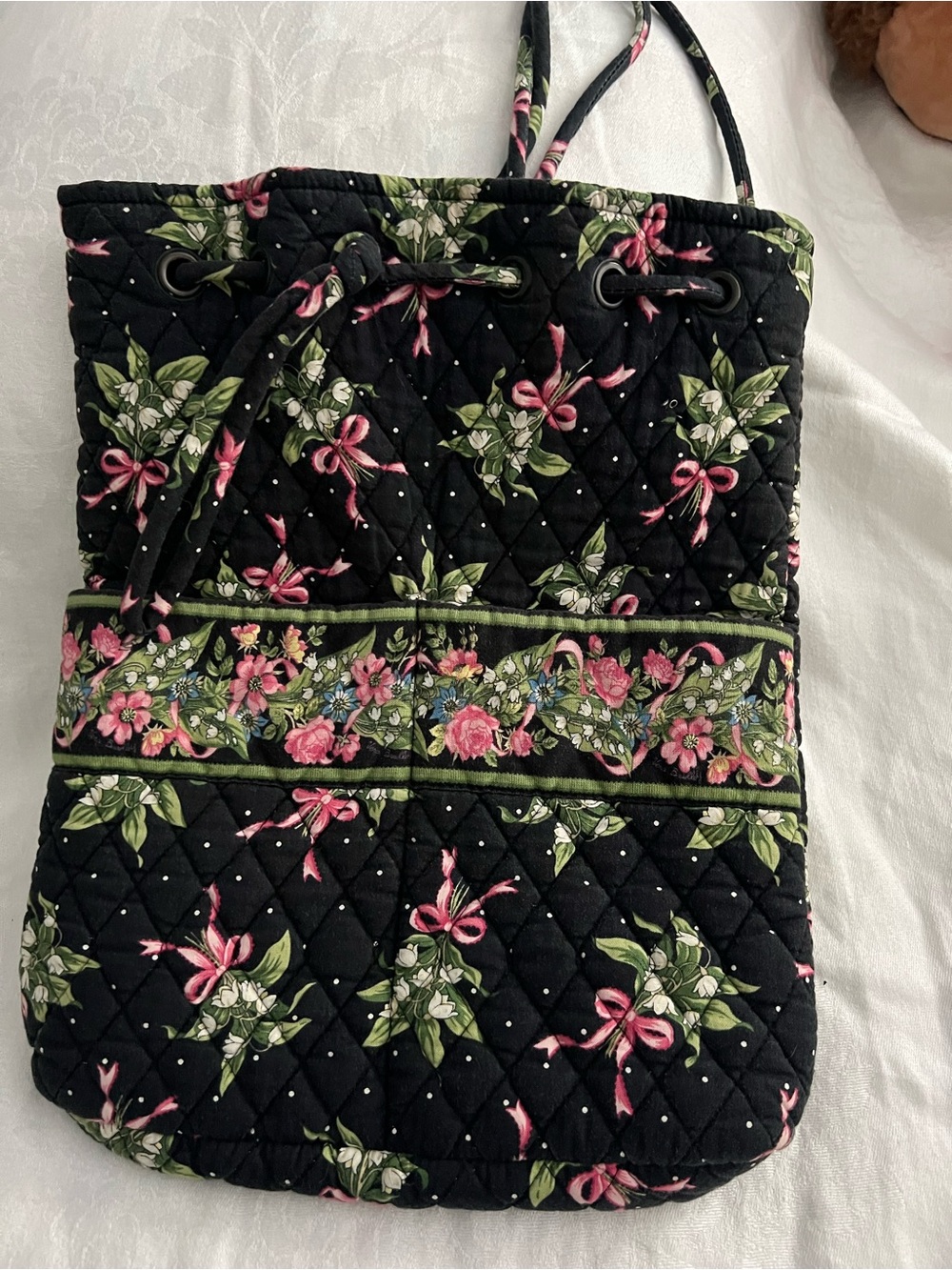 Vera Bradley Black Quilted Floral Drawstring Tote with Pink & Green Accents